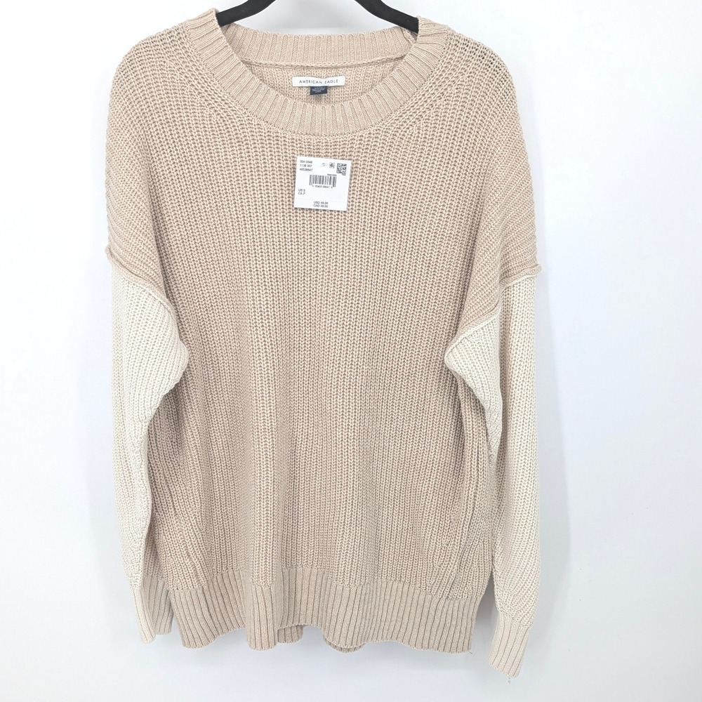 American Eagle Sweater Women Small Beige Colorblock Shaker Knit Pullover Neutral